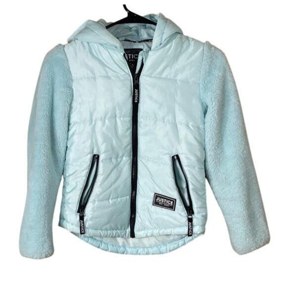 Justice Girl's Puffer Coat Jacket Size 10 Medium Aqua Blue Hood Full Zip READ - Picture 1 of 8